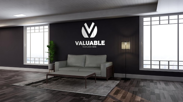 realistische mockup met muurlogo in de wachtkamer van de houten kantoorlobby