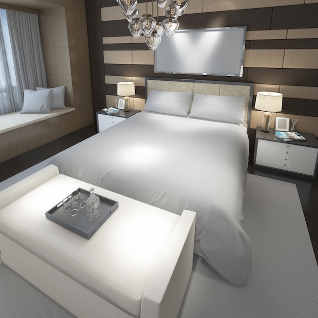 realistische moderne dubbele slaapkamer met meubels en een frame