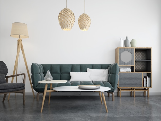 realistische moderne woonkamer met bank en witte muur
