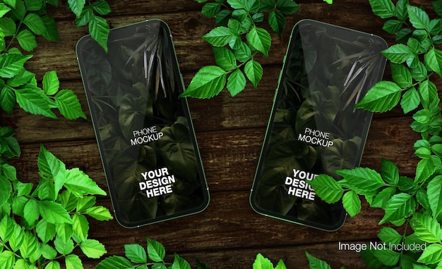 Realistische natuurtelefoons mockup met plantenontwerp render geïsoleerd psd