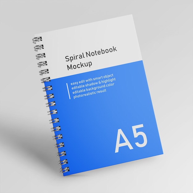 Realistische one bussiness hardcover spiral binder notebook mock up ontwerpsjabloon in front view