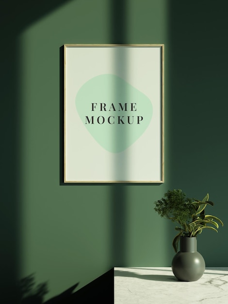 Realistische poster fotolijst mockup in woonkamer met plant en raamschaduw met zonlicht