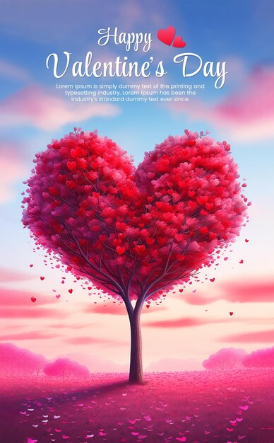 Realistische rode hartvormige boom valentijnsdag illustratie heldere kleur ultra realistisch