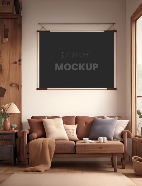 Realistische rustieke woonkamer met mockup-frames