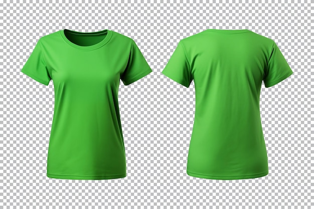 Realistische set van vrouwelijke groene t-shirts mockup voor- en achteruitzicht geïsoleerd op transparante achtergrond