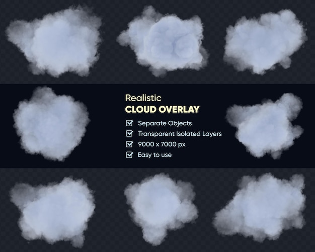 PSD realistische set van witte geïsoleerde pluizige wolken op de transparante achtergrond. 3d-rendering