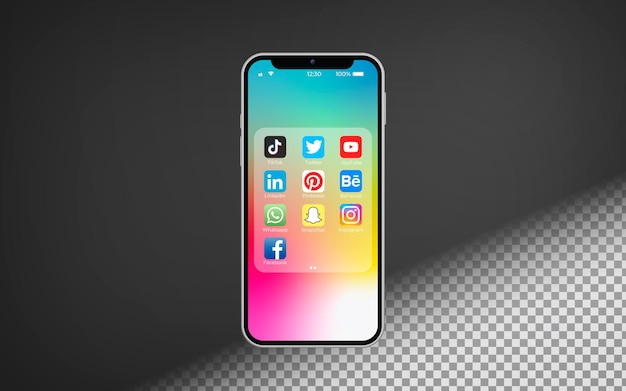 PSD realistische telefoon met social media-menu op transparante achtergrond