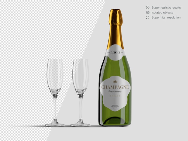 Realistische vooraanzicht champagnefles mockup sjabloon met glazen