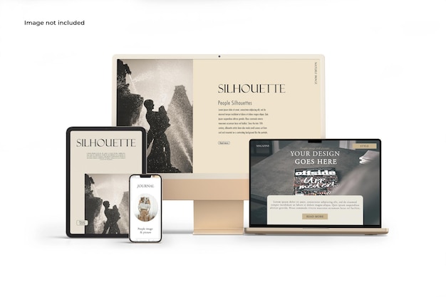 Realistische weergave van monitor laptop tablet en smartphone mockup