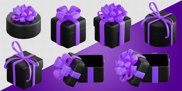 Realistische zwarte geschenkdoos set met violet of paars lint boog concept van abstracte vakantie verjaardag kerstmis of black friday aanwezig of verrassing 3d hoge kwaliteit geïsoleerd render