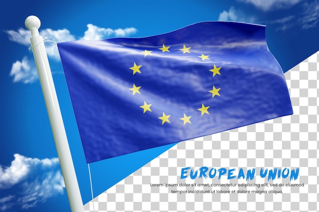 PSD realistyczna flaga unii europejskiej 3d render na białym tle lub 3d ilustracja flaga unii europejskiej macha