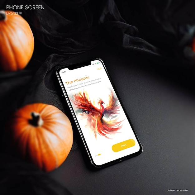 PSD realistyczna makieta smartfona flatlay przedstawiająca iphone'a 15 na ciemnym tle halloween