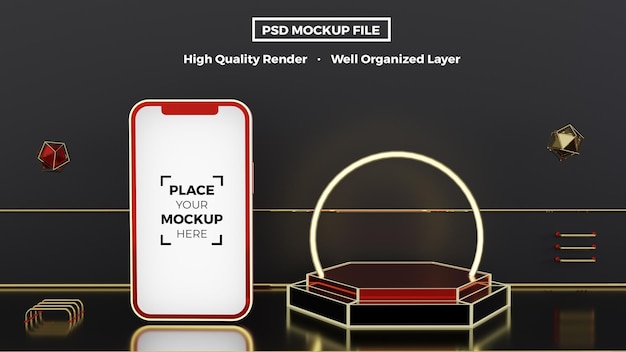 PSD realistyczna makieta smartfona i luksusowe sześciokątne podium z czarnym motywem