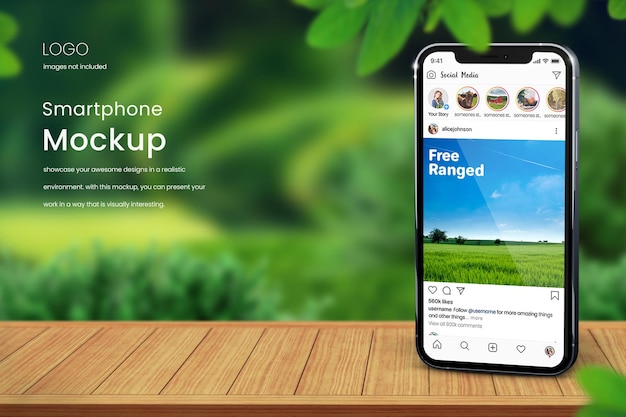 Realistyczna Makieta Telefonu Na Drewnianym Blacie Z Zielonym Tłem Przyrody