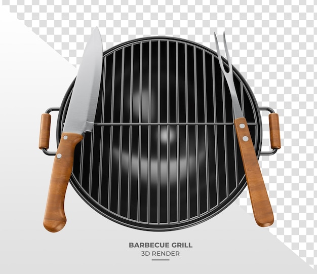 PSD realistyczne 3d grill z nożem i widelcem z ogniem na przezroczystym tle