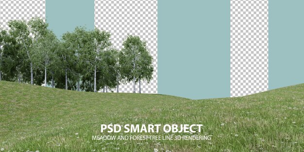 Realistyczne wzgórze trawiaste i linia drzew leśnych renderowanie 3d izolowanych obiektów