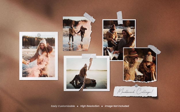 Realistyczny i minimalistyczny moodboard rozdarty polaroid makieta kliszy fotograficznej z nakładką cienia