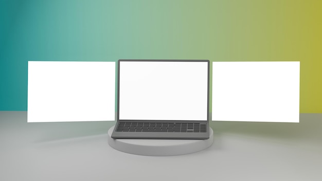Realistyczny Laptop Na Cokole Z Pustymi Ekranami Makieta Na Tle Gradientu Renderowania 3d