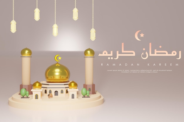 Realistyczny meczet 3D z ilustracją renderowania tekstu ramadan