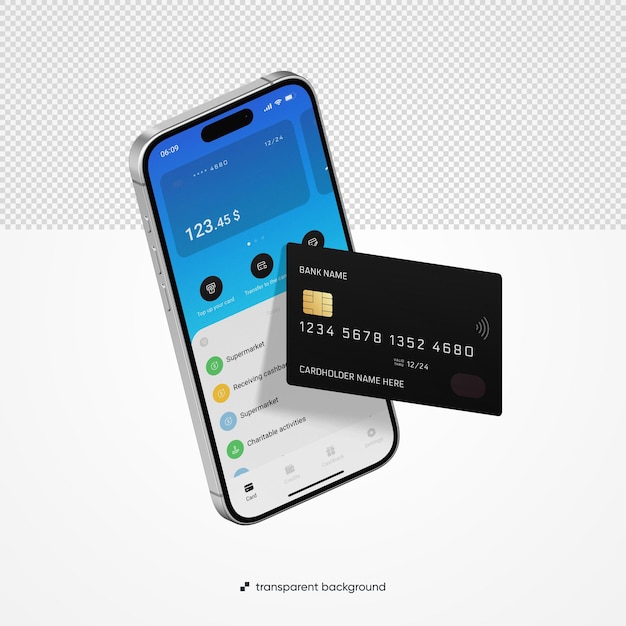 Realistyczny model telefonu i karty kredytowej z przezroczystym tłem