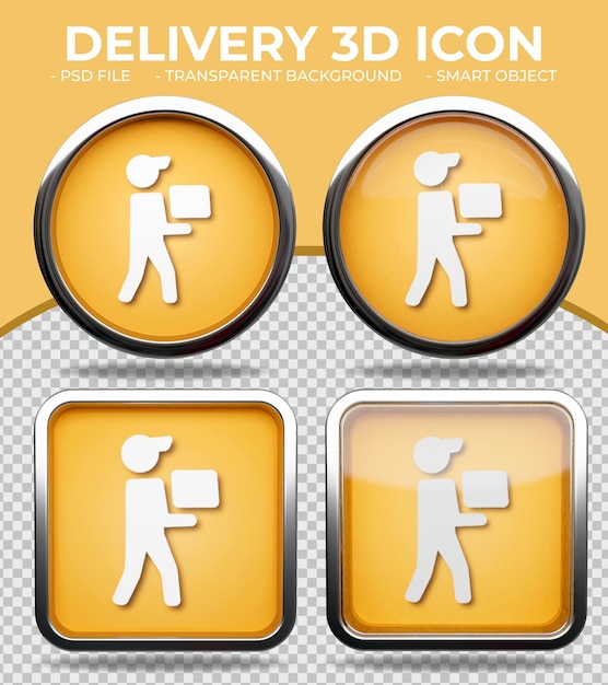 PSD realistyczny pomarańczowy przycisk szklany błyszczący okrągły i kwadratowy ikona chłopca dostawy 3d