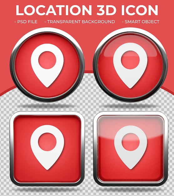 PSD realistyczny przycisk z czerwonego szkła błyszcząca okrągła i kwadratowa ikona lokalizacji 3d