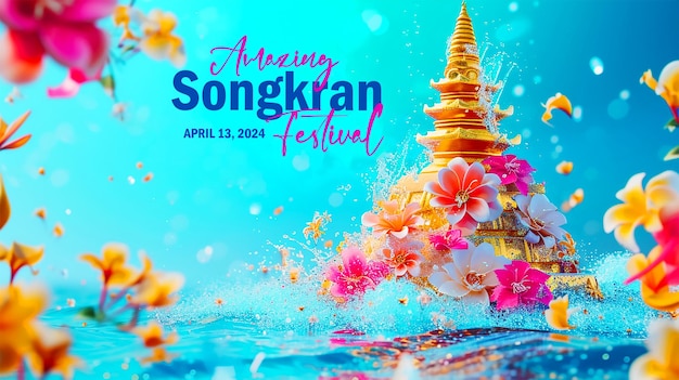 PSD realistyczny szablon baneru songkran z festiwalem songkran w tajlandii na tle
