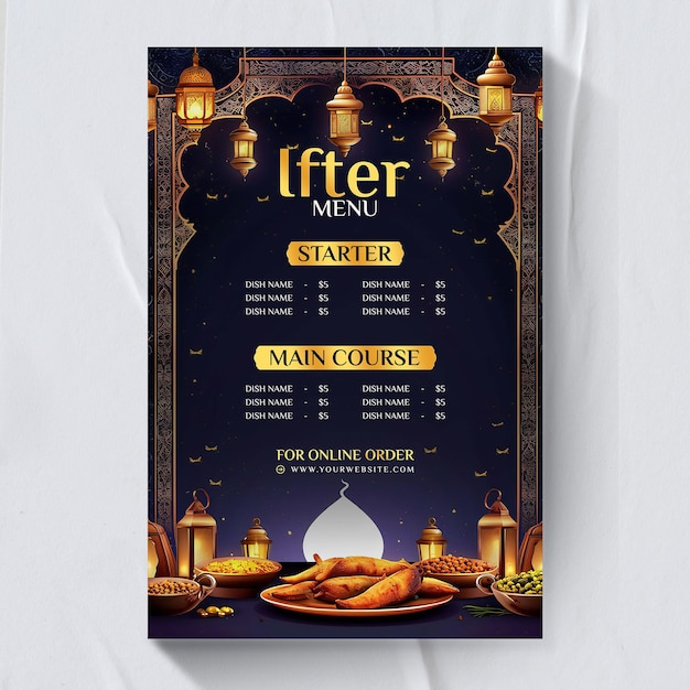 PSD realistyczny szablon menu na przyjęcie iftar