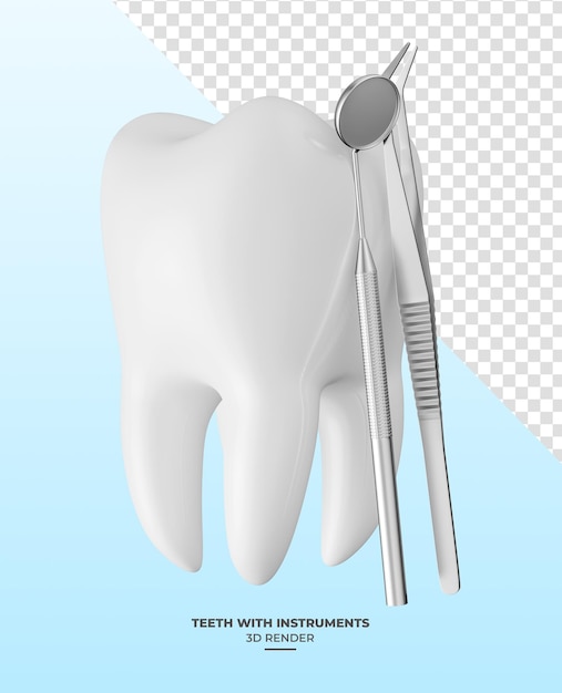 PSD realistyczny ząb z instrumentami dentystycznymi w renderowaniu 3d z przezroczystym tłem