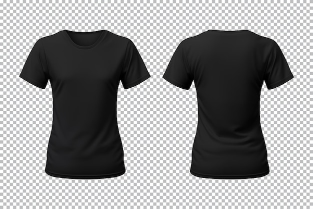 PSD realistyczny zestaw kobiecych czarnych koszulek mockup przedni i tylny widok izolowany na przezroczystym tle