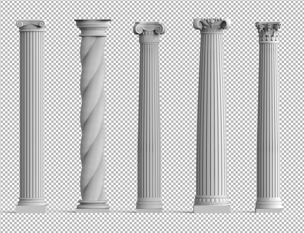 PSD realistyczny zestaw starożytnych izolowanych kolumn 3d z różnymi stylami greckiej architektury.