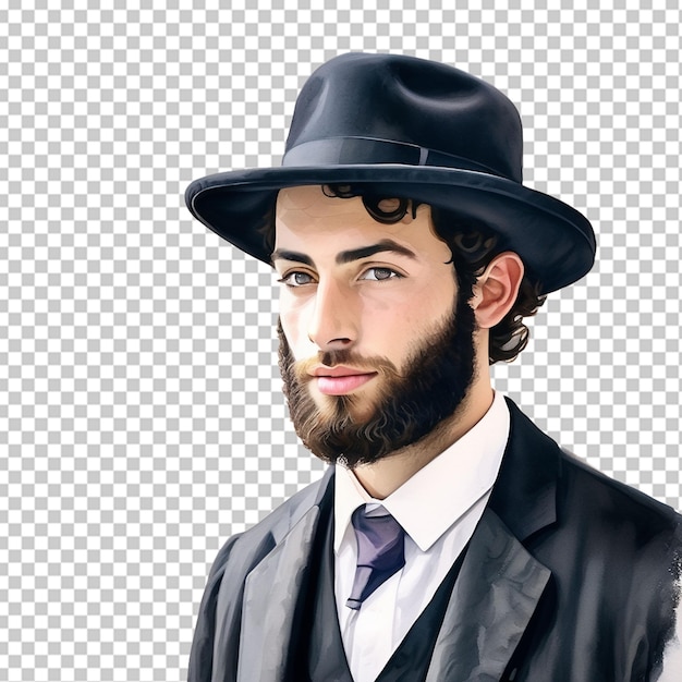 PSD vista posteriore di un uomo ebreo che indossa un cappello che guarda il cielo blu