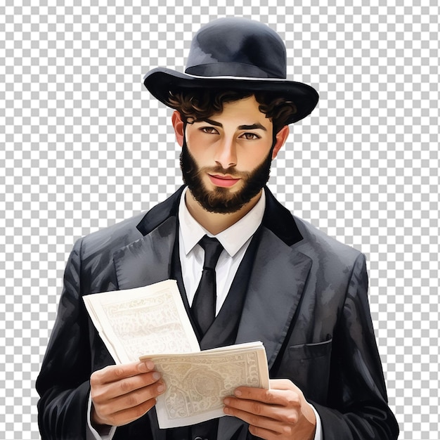 PSD vista posteriore di un uomo ebreo che indossa un cappello che guarda il cielo blu