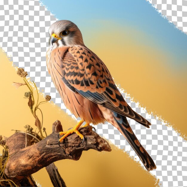 PSD rear view of a kestrel on a large branch against a transparent background