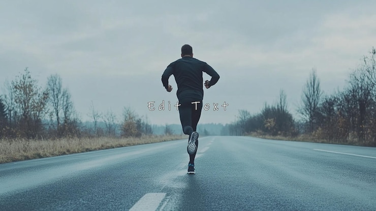 PSD rear view of male runner jogging on empty road