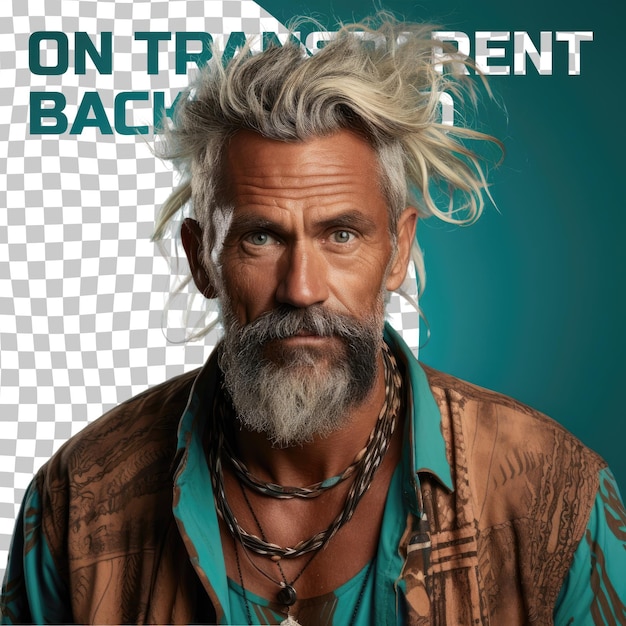 PSD rebel aussie chef middle aged blonde aboriginal with gourmet style and intense eyes on pastel turquoise background