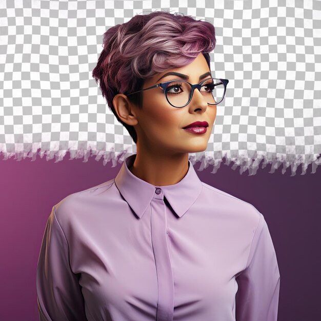 A rebellious adult woman with short hair from the hispanic ethnicity dressed in optician attire poses in a standing with crossed ankles style against a pastel lilac background