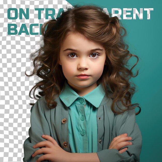 PSD a rebellious preschooler girl with wavy hair from the scandinavian ethnicity dressed in criminalist attire poses in a gentle hand on cheek style against a pastel turquoise background