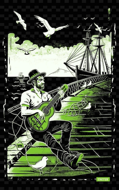 PSD rebetiko bouzouki player in a greek port with fishing nets a illustration music poster designs