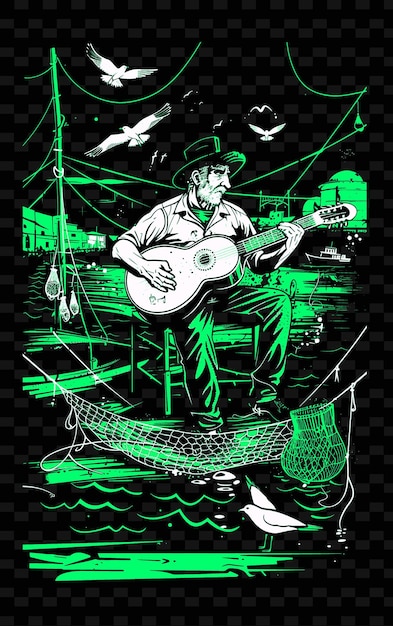 PSD レベティコ・ブズーキ ギリシャ の 港 で 漁網 を 用い て 演奏 する ミュージカル ポスター の デザイン