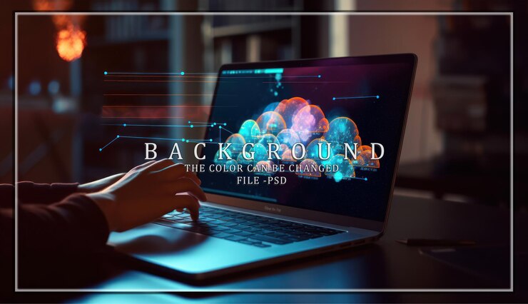 PSD ręce piszące na laptopie z cloud computing visual na ekranie