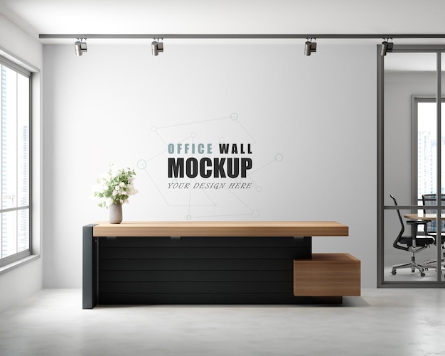 The reception desk is designed with industrial style Wall mockup