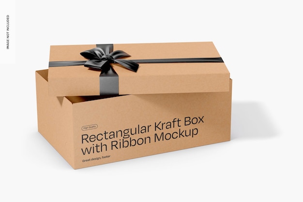 PSD rechthoekige kraft box met ribbon mockup geopend