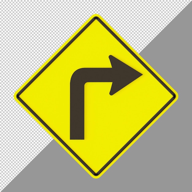 rechtsaf verkeersbord geel 3d render illustratie