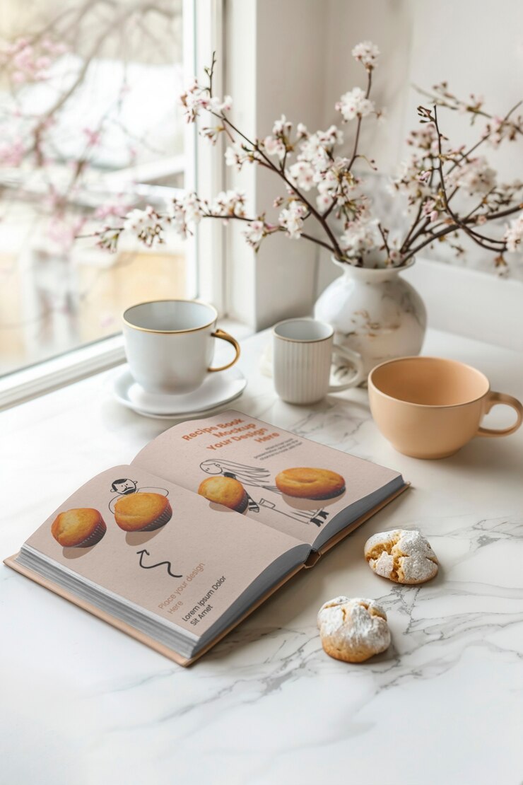 PSD recipe book in kitchen mockup