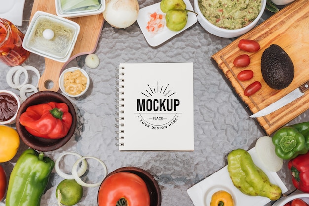 PSD recipe book mock-up surrounded by healthy food