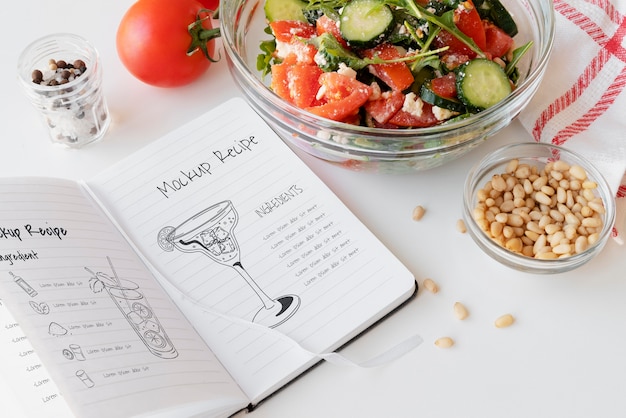 PSD recipe book mockup with beautiful still life