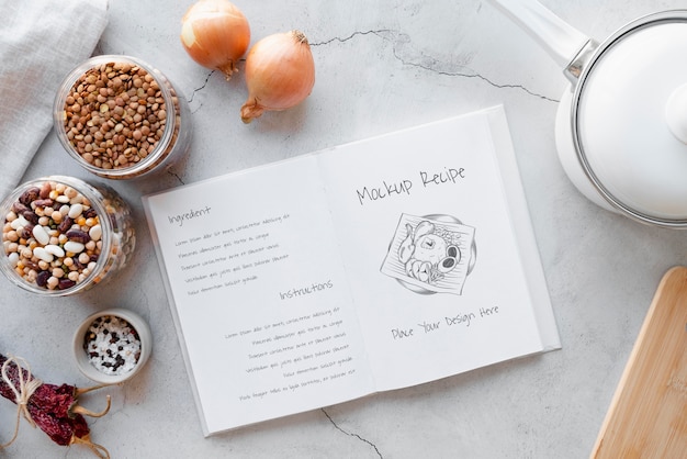 PSD recipe book mockup with beautiful still life