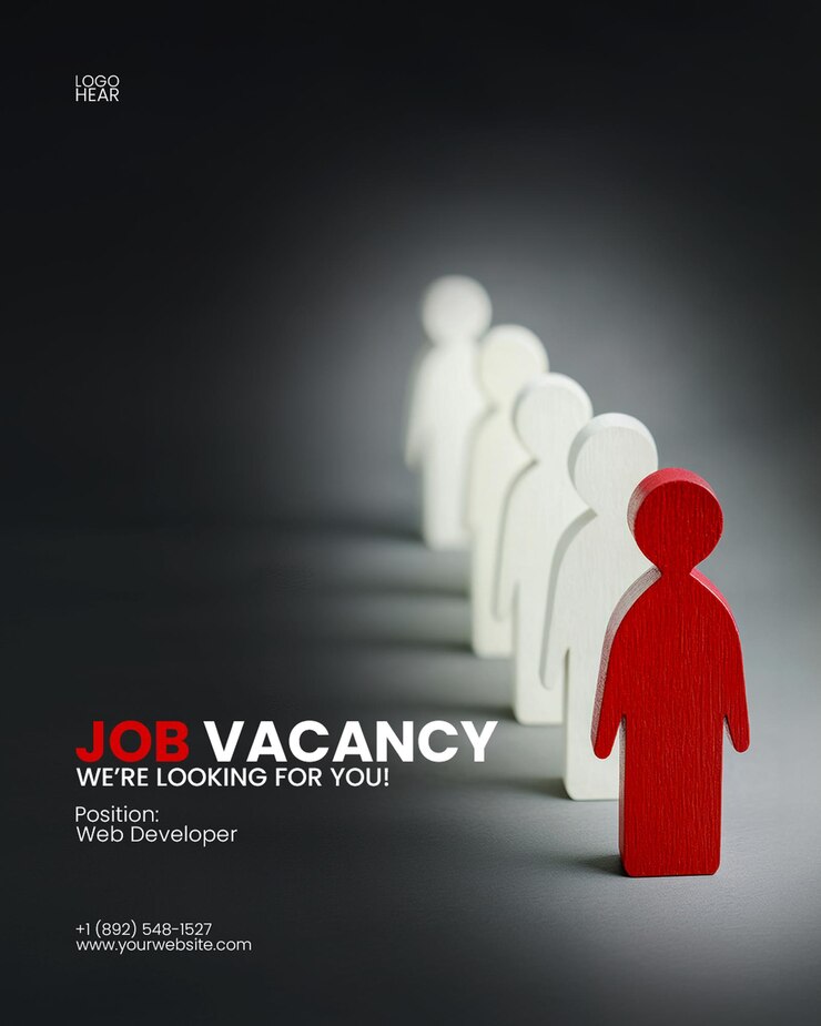 PSD recruit office worker banner template with one red and white wooden human figure in line with others on a grey background job candidate idea