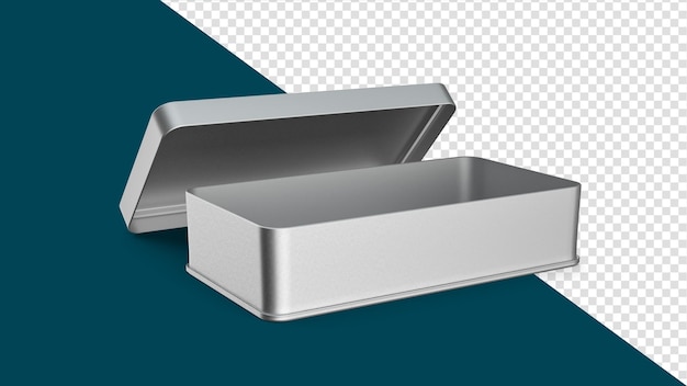 PSD rettangolo scatola portapenne in argento con sfondo scatola in acciaio inossidabile vuota per illustrazione 3d a matita o cancelleria